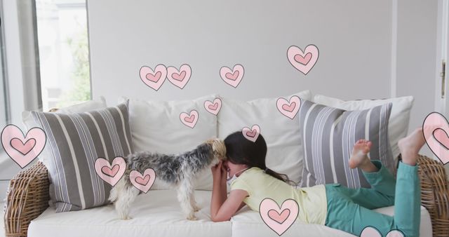 Adorable Moment Between Girl and Dog on Couch with Heart Graphics - Download Free Stock Images Pikwizard.com