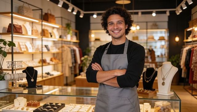 Smiling boutique clerk wearing apron standing behind jewelry counter with display