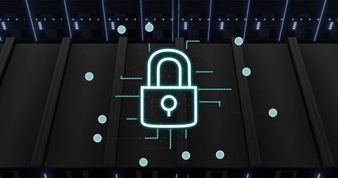Neon padlock hologram projecting over server racks representing network encryption and cybersecurity