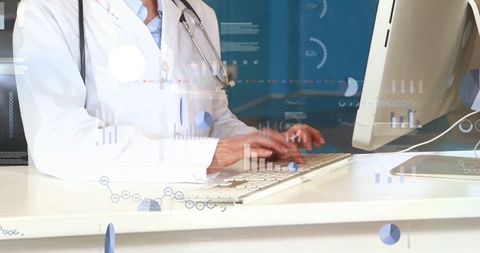 Doctor typing on keyboard with medical data overlays, digital health analytics concept