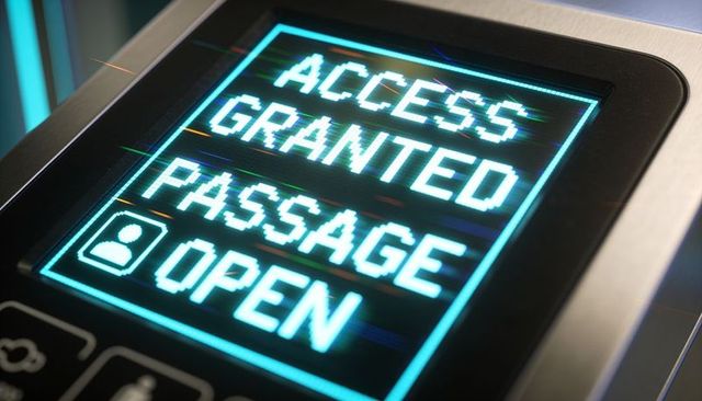 Access granted glowing touchscreen reader showing passage open on secure entry