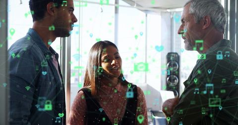 Diverse Team Discussing Digital Strategy with Tech Overlay