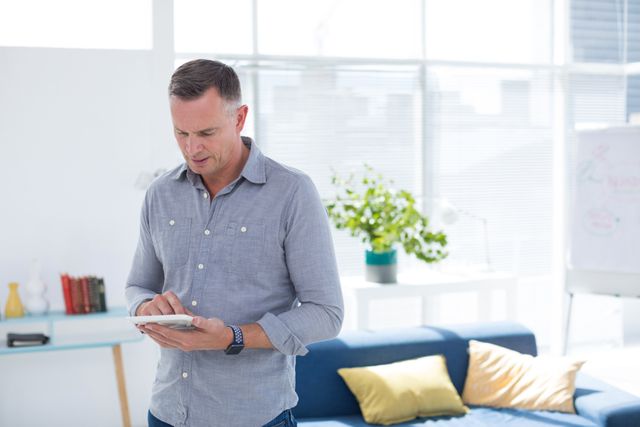 This image depicts a male executive using a mobile phone in a modern office setting. He is dressed in casual attire, suggesting a relaxed yet professional environment. The office features contemporary design elements, including a blue sofa, yellow cushions, and a potted plant, creating a welcoming and productive workspace. This image can be used for business-related content, technology and communication themes, or to illustrate modern workplace environments.