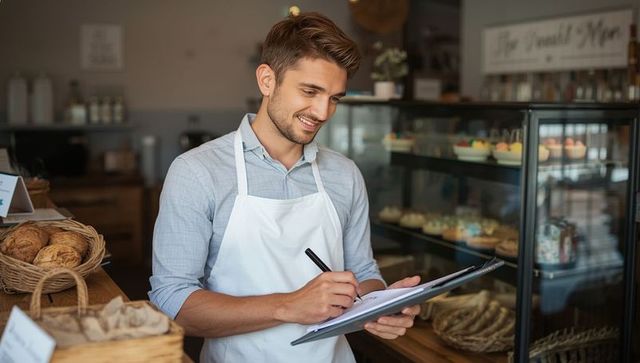 Smiling Bakery Worker Taking Inventory in Decorated Shop