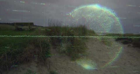 Digital sphere and scenic beach capture with glitch effects