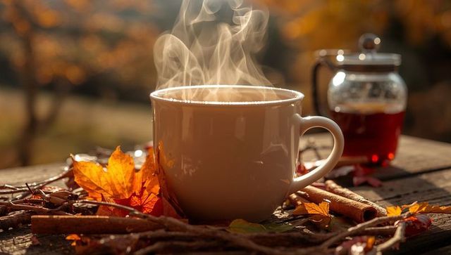 Steaming ceramic mug sitting on rustic wooden table with autumn leaves, cinnamon, honey jar