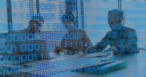 Binary Code Overlay on Business Team Collaborating in Office - Download Free Stock Images Pikwizard.com