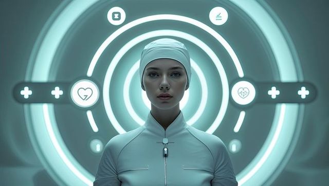 Futuristic medical technician monitoring holographic diagnostics