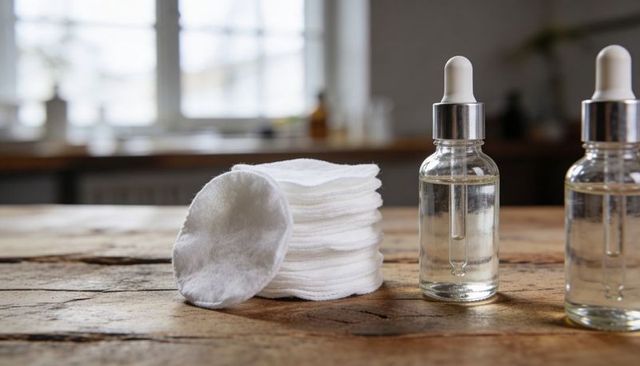 Stacked cotton pads with glass dropper bottles on rustic wood table in soft natural light