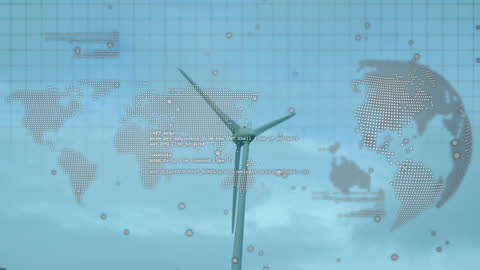Futuristic Digital Interface Overlaying Wind Turbine