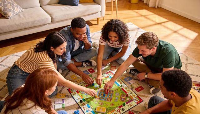 Friends Gathering for Cozy Game Night Playing Colorful Board Game with Cards and Tokens