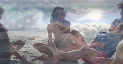 Friends lounging on sunlit beach with stars and stripes overlay and summer vibes