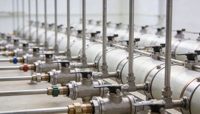 Industrial stainless manifold and ball valve array with brass fittings and steel tubing