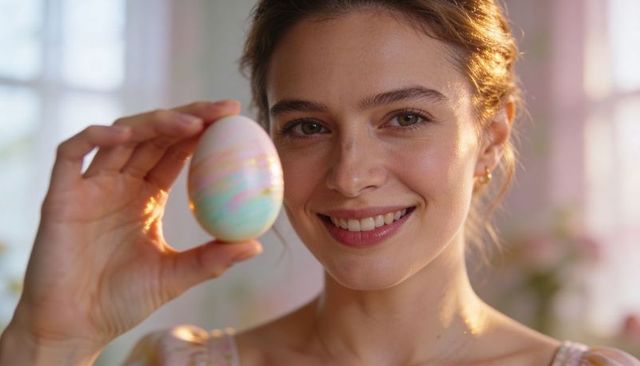 Smiling woman holding pastel marbled easter egg in warm sunlit closeup for spring campaign