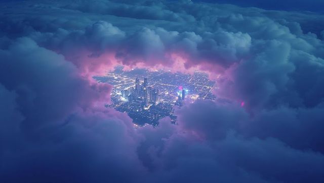 Futuristic cityscape with neon lights above clouds at night
