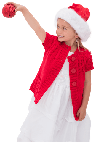 Cute Girl in Santa Hat with Red Bauble - Transparent Background