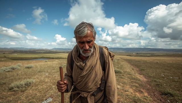Solitary Senior Wanderer Crossing Open Steppe Wearing Earth-Tone Robes Carrying Wooden Staff