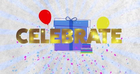 Shining gold celebrate text with blue gift box and balloons celebrating party confetti