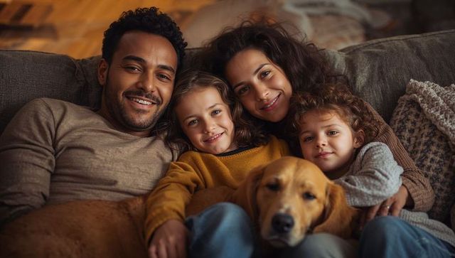 Family snuggling on couch with golden retriever, cozy evening together