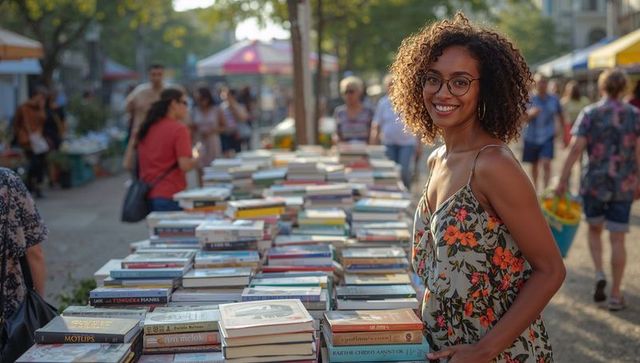 Smiling woman browsing books at sunny outdoor market wearing floral sundress and glasses