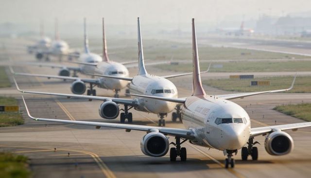Narrow-body airliners taxiing in queue along busy airport taxiway at sunrise haze