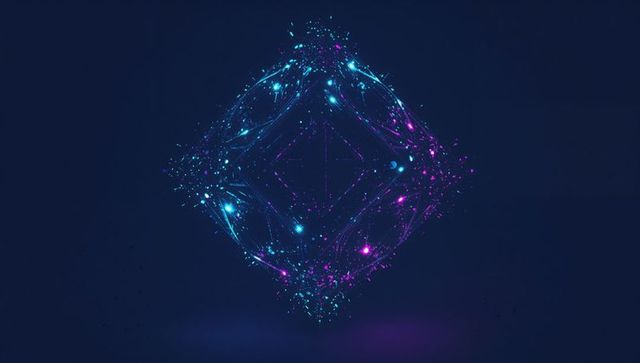 Futuristic neon diamond network in digital space