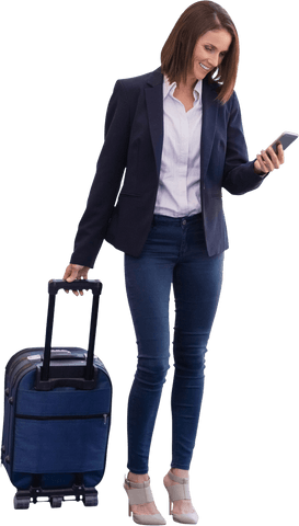 Transparent Businesswoman Laughing at Smartphone with Suitcase