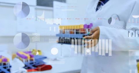 Scientist analyzing blood tests with data overlays