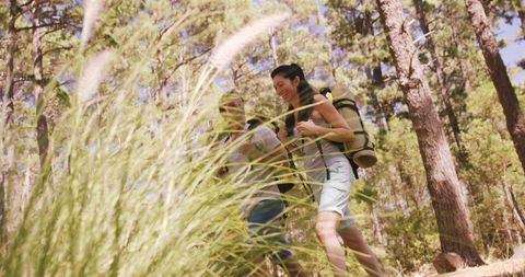 Two people are walking through a forest, enjoying a conversation while surrounded by lush greenery and sunny skies. Perfect for illustrating lifestyle articles, travel blogs, or promoting outdoor adventures and eco-tourism.