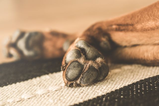 Close-up view of dog paws resting on a striped rug indoors. The fur and pads are clearly visible, emphasizing texture and detail. Ideal for use in pet care articles, advertisements, veterinary promotions, or any content related to domestic animals and their comfort.