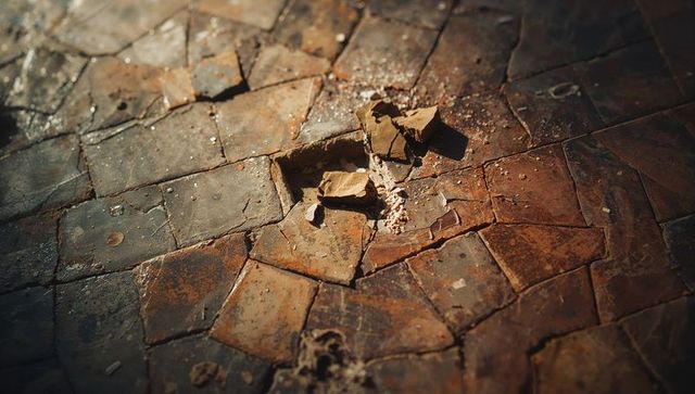 Sunlit broken terracotta tiles revealing eroded cavity and powdery debris courtyard floor