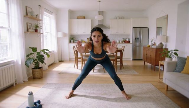 Woman stretching in navy activewear doing wide-legged balance in sunlit modern living room