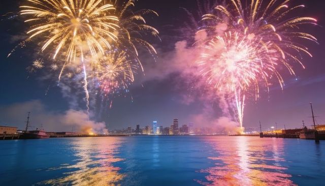 Lighting night harbor skyline with colorful fireworks reflecting on calm water and pier