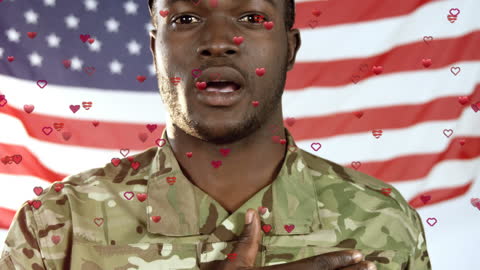 Emotionally Charged Soldier Honoring US Flag with Hearts