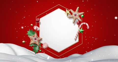 Festive Hexagonal Sign with Christmas Decorations on Snowy Background