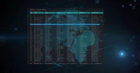 Translucent console showing redacted data table over world map cybersecurity interface