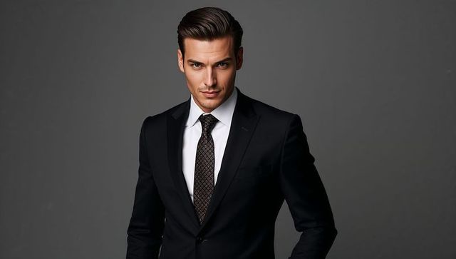 Elegant male model in tailored dark suit exudes confidence