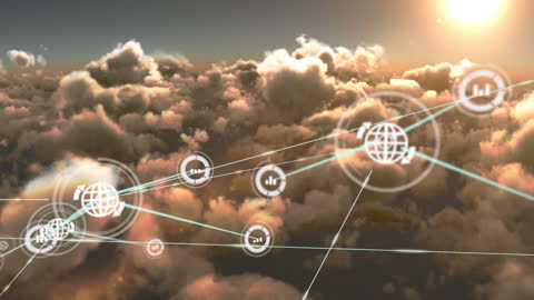 Digital Network Symbols Overlaying Clouds at Sunset