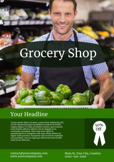 Smiling Grocer Promoting Fresh Green Peppers in Market Setting - Download Free Stock Templates Pikwizard.com