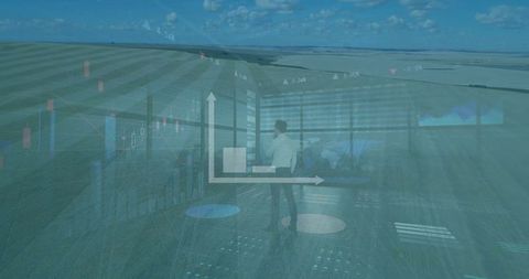 Businessman stand in futuristic control room analyzing data