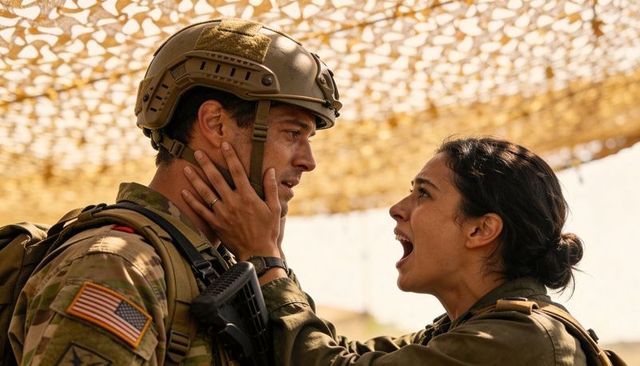 Female soldier grabbing comrade face while shouting under tan camouflage net military duo tactical
