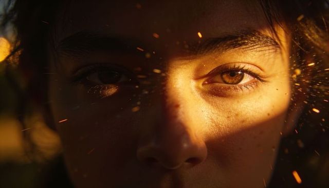 Gazing woman close-up in golden light with ember sparks and dramatic eyes