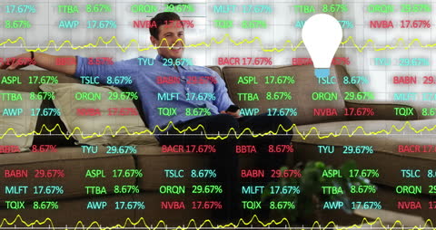 Financial Data Processing Over Caucasian Man Relaxing at Home