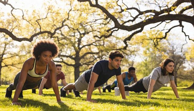 Group outdoor push-up workout in sunlit park building strength and team motivation