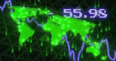 Neon Green Global Network Dashboard Visualization with Nodes, Binary Streams and Market Graph