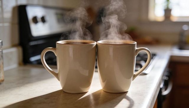 Two steaming beige mugs on sunlit kitchen countertop creating cozy morning coffee moment