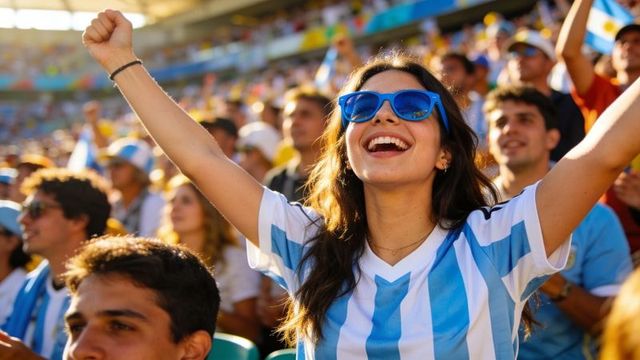 Young woman cheering in blue sunglasses and striped team jersey at sunny stadium crowd