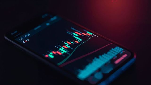 Smartphone showing cryptocurrency candlestick chart with neon red-green trendline glow