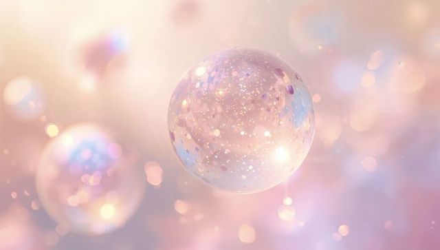 Floating glitter-filled orb glowing over pastel bokeh background, dreamy ethereal sphere