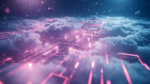 Futuristic Neon Circuit Grid Amid Surreal Clouds: AI Imagery